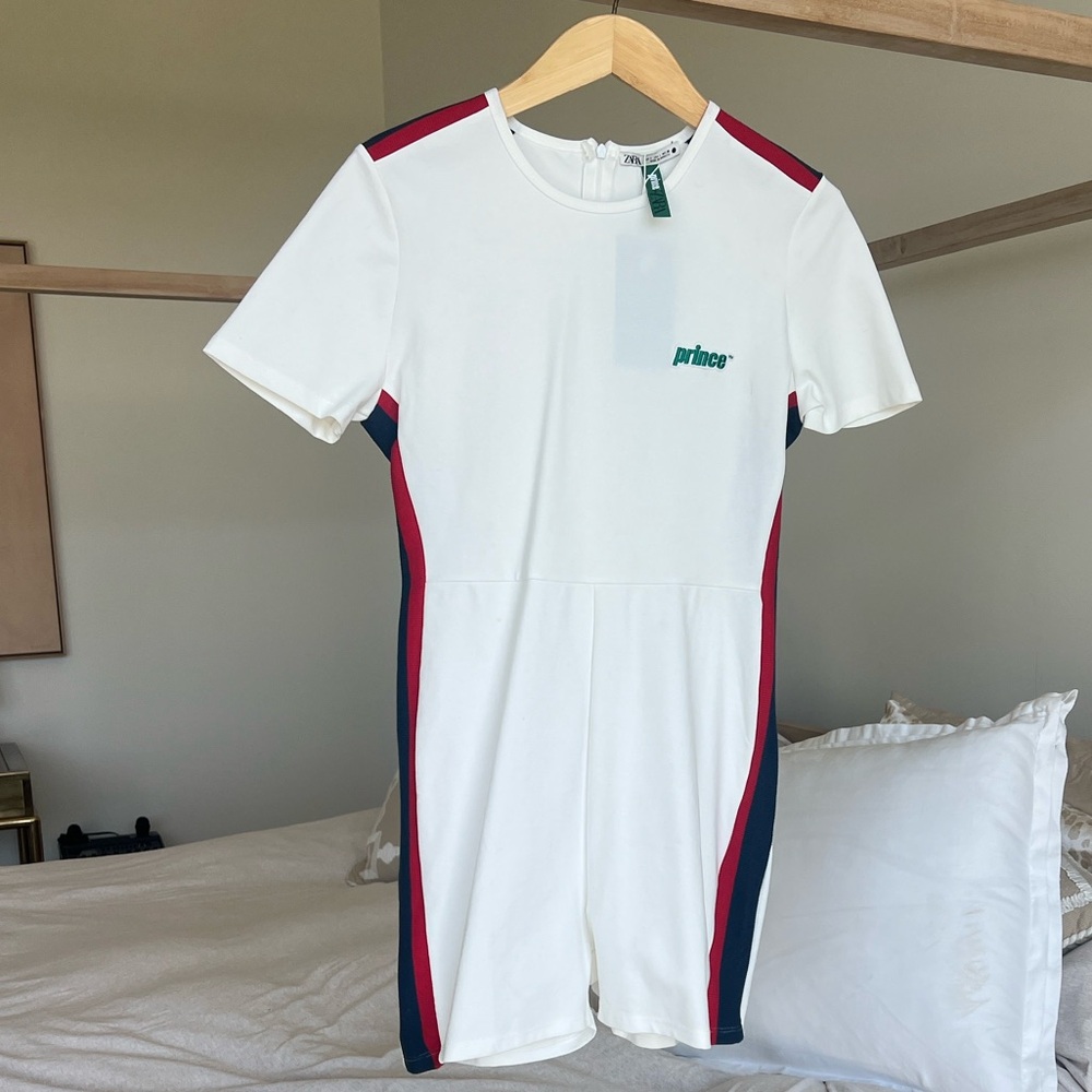 NWT Zara X Prince White Jumpsuit with Red and Blue Accents